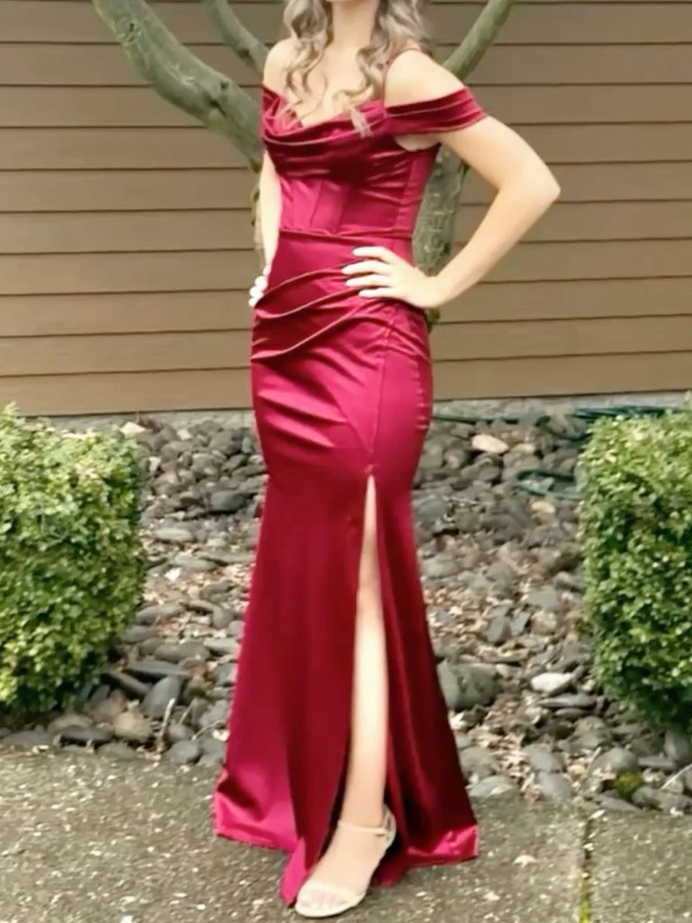 B Darlin Wine Burgundy Satin Off-Shoulder Spaghetti Strap Gown